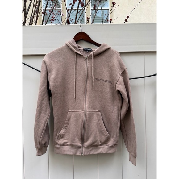 PrettyLittleThing Tops - PrettyLittleThing Mauve Taupe Zip Up Hoodie Sweatshirt XS Logo Fleece Lined